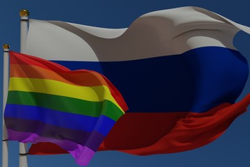 LGBT flag and Russian federation flag on a pole waving in the wind together representing rights and pride. 3D rendering.