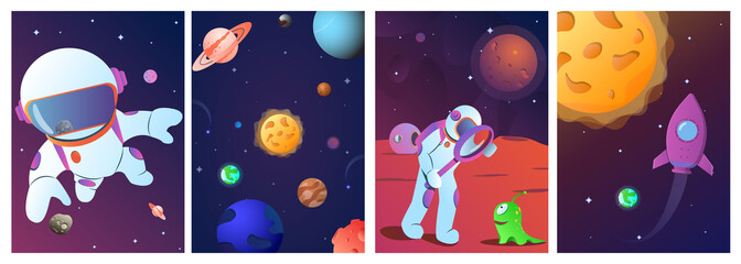 Space travel and exploration concept. Astronaut in space. Multicolored planets of a fictional star system. Encounter with alien being. Set of cartoon vector illustrations