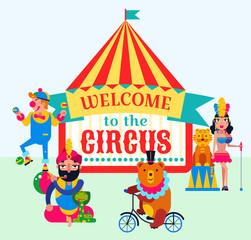 Big top circus and performers vector illustration. Trainer assistant, clown, wild animals bear by bicycle, tiger, snake. Circus show invitation welcoming poster, placard.