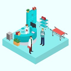 Medical clinic hospital emergency ambulance reception interior vector isometric isolated illustration. People doctor with medications, nurse, injured patient. Medical treatment, health care.