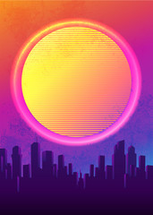 Retro Futurism. Vector futuristic synth wave illustration. 80s Retro poster Background with Night City Skyline. Rave party Flyer design template in 1980s style.