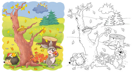 Four seasons. In the forest. Cute hare and hedgehog. Coloring page. Coloring book. Illustration for children. Cute and funny cartoon characters