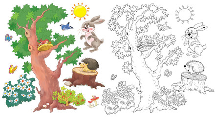 Four seasons. In the forest. Cute hare and hedgehog. Coloring page. Coloring book. Illustration for children. Cute and funny cartoon characters