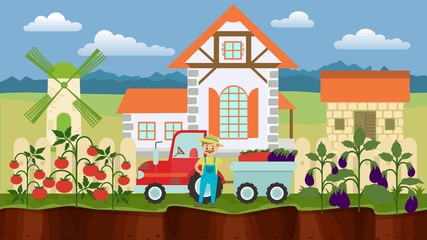 Farmer man standing near truck filled harvest of vegetables cartoon vector illustration. Garden beds with eggplants and tomatoes. Farmhouse, barn, mill, rural landscape background.