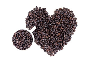 Cup of coffee and heart from coffee beans isolated on white background, top view
