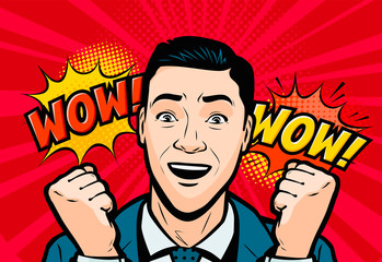 Delighted man or businessman. Retro comic pop art vector illustration © ~ Bitter ~