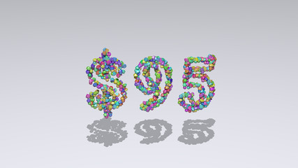 Colorful 3D writting of $95 text with small objects over a white background and matching shadow