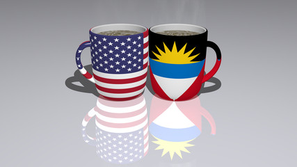 UNITED STATES OF AMERICA AND ANTIGUA AND BARBUDA: relationship or conflict on a pair of coffee cups for editorial and