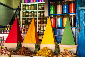Traditional  spices and herbs on a market in Morocco.