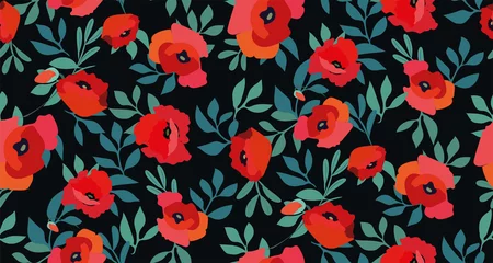 Behang Klaprozen Naadloze patroon met rode papaver bloemen en bladeren op een zwarte achtergrond. Bloemenprint. Vector handgetekende illustratie.