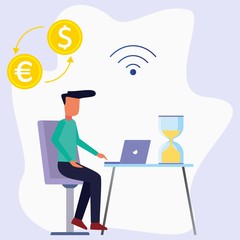 A young businessman uses a laptop while sitting at his desk with an hourglass in front of him. Interior of the office workplace. Flat vector illustration