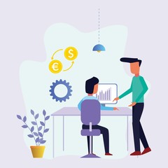 Young man is sitting at a desk with laptop and his colleague is pointing to a screen and giving advice. Office business concept. Modern vector illustration.