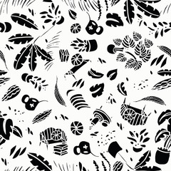 Cool hygge leisure lifestyle plant pattern with modern floral and shape in black and white. Stylish tropical plant pattern. Surface pattern design.