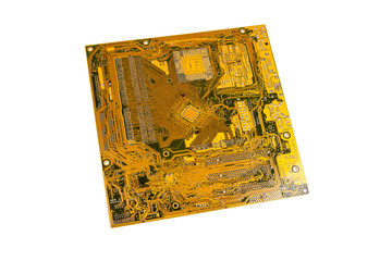 A simple yellow green circuit board isolated on white. Detailed complicated electrical circuits...