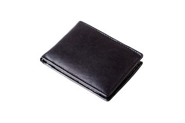 Classic simple black empty square elegant classic genuine leather premium wallet pocket purse business style, isolated on white new closed wallet, no money closeup, cut out, top view angle