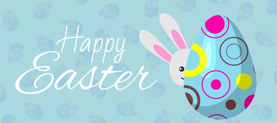 Happy easter banner cartoon vector illustration. Greeting card with rabbit and eggs with geometric colorful ormanent. Funny bunny peeping from easter egg holiday poster.