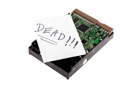 Dead labeled hard drive, broken hdd disk with corrupted data, object isolated on white. Damaged, not working 3.5 hard disc with a label. Data loss and simple recovery abstract concept