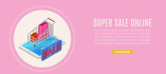 Super sale online supermarket store 3d isometric concept shopping cart vector illustration. Electronic shopping, sales and payment online with delivery inside big tablet, web banner.