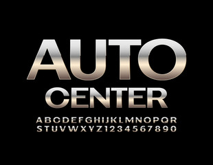 Vector metal logo Auto Center. Modern chrome Font. Reflective silver Alphabet Letters and Numbers
