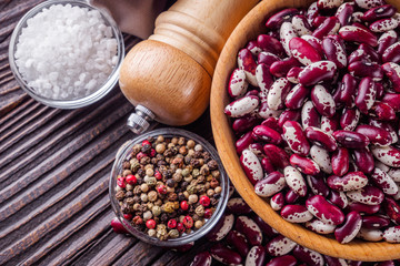 Fresh organic natural beans on wooden rustic background