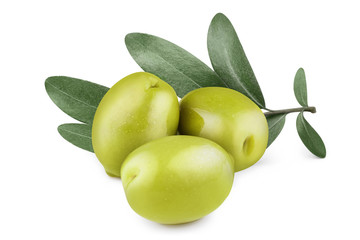 Three delicious green olives with leaves, isolated on white background