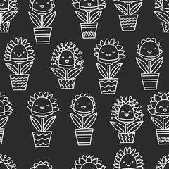 Seamless pattern with abstract smiling potted flowers, white outline on a black background