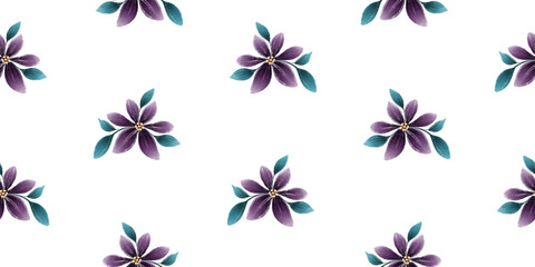 Purple flowers and teal blue leaves, gouache painted seamless pattern