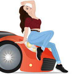 Plakat Girl sitting on the hood of a car. Vector art