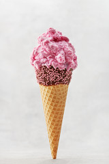 Ice cream cone isolated on a neutral grey background. Copy space