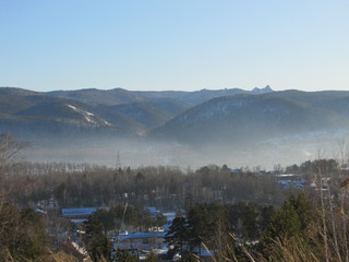 winter landscape with snow, trees and mountains