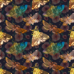 Colorful watercolor seamless pattern. Hand drawn ink moth with poppy. Mystical ornament