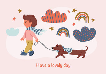 Fototapeta premium Illustration of boy with dachshund puppy- dog walk
