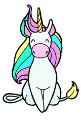 Jpeg illustration. Hand drawing. Cartoon unicorn. Rainbow mane. Sitting unicorn. Isolated on white. Cute character. Original print.