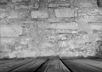 Wood table and black concrete wall background. To display montages Product