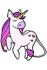 Jpeg illustration. Hand drawing. Cartoon unicorn. Rainbow mane. Isolated on white. Cute character. Original print.