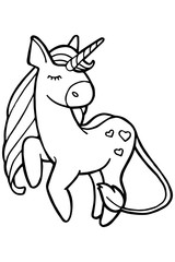 Jpeg illustration. Hand drawing. Cartoon unicorn. Isolated on white. Coloring page. Cute character. The original print.