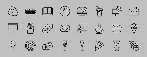 A simple set of fast food icons related to the vector line. Contains icons such as pizza, burger, sushi, bike, scrambled eggs and more. EDITABLE stroke. 480x480 pixels perfect, EPS 10