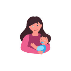 Young mother holding a baby. Mom's hug and love. Vector illustration. Card on Mother's Day