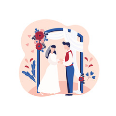 Marriage ceremony, wedding day, bride and groom  and flower arch. Newlyweds, husband and wife. Vector illustrationcan use for landing page, web, mobile, app, banner, poster, flyer