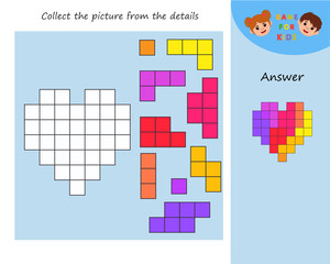 Collect the picture from the details. Heart. Puzzle game with colorful details for children. Worksheet activity  for preschool kids
