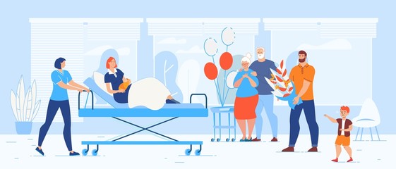 Happy Family Meeting Young Mother with Newborn Baby in Hospital. Nurse Pushing Woman with Child Lying on Moving Bed. Husband, Son and Granny Relative. Congratulation. Vector Illustration
