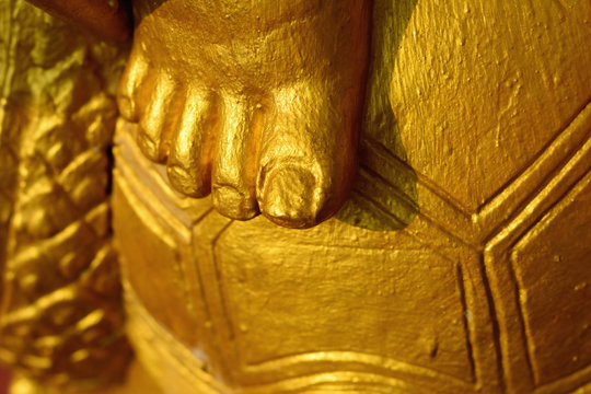 Closeup detail of golden turtle statue in the temple