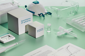 SARS-COV-2 pcr diagnostics kit. This is RT-qPCR kit for real-time reverse transcription and amplification of DNA fragment detecting specific region of 2019-nCoV virus causing Covid-19 viral pneumonia.