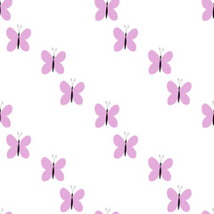Fashion animal seamless pattern with pink butterflies on white background. Template design for invitation, poster, card, fabric, textile. Cute holiday illustration with beetles for baby. Cartoon style
