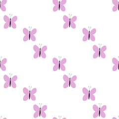 Fashion animal seamless pattern with pink butterflies on white background. Template design for invitation, poster, card, fabric, textile. Cute holiday illustration with beetles for baby. Cartoon style