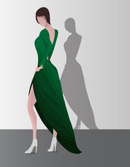 Fototapeta na wymiar vector illustration girl in a green dress posing on a light background