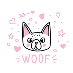 Dog woof vector illustration drawing with writing. Black outlines of dog's head, Cute puppy face with snout, ears and mouth. Isolated on white background with pink hearts and stars.