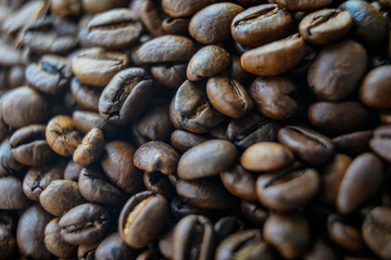 Coffee beans background, top view