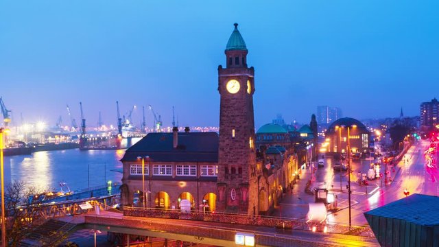 Hamburg, Germany. Port of Hamburg on the river Elbe in Germany at sunrise. Time-lapse with car traffic in the morning, panning video