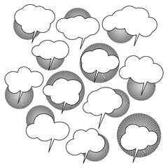 Set of speech bubbles on halftone background. Cartoon Vector illustration. Isolated on transparent white background. Hand draw style, dialog clouds. 